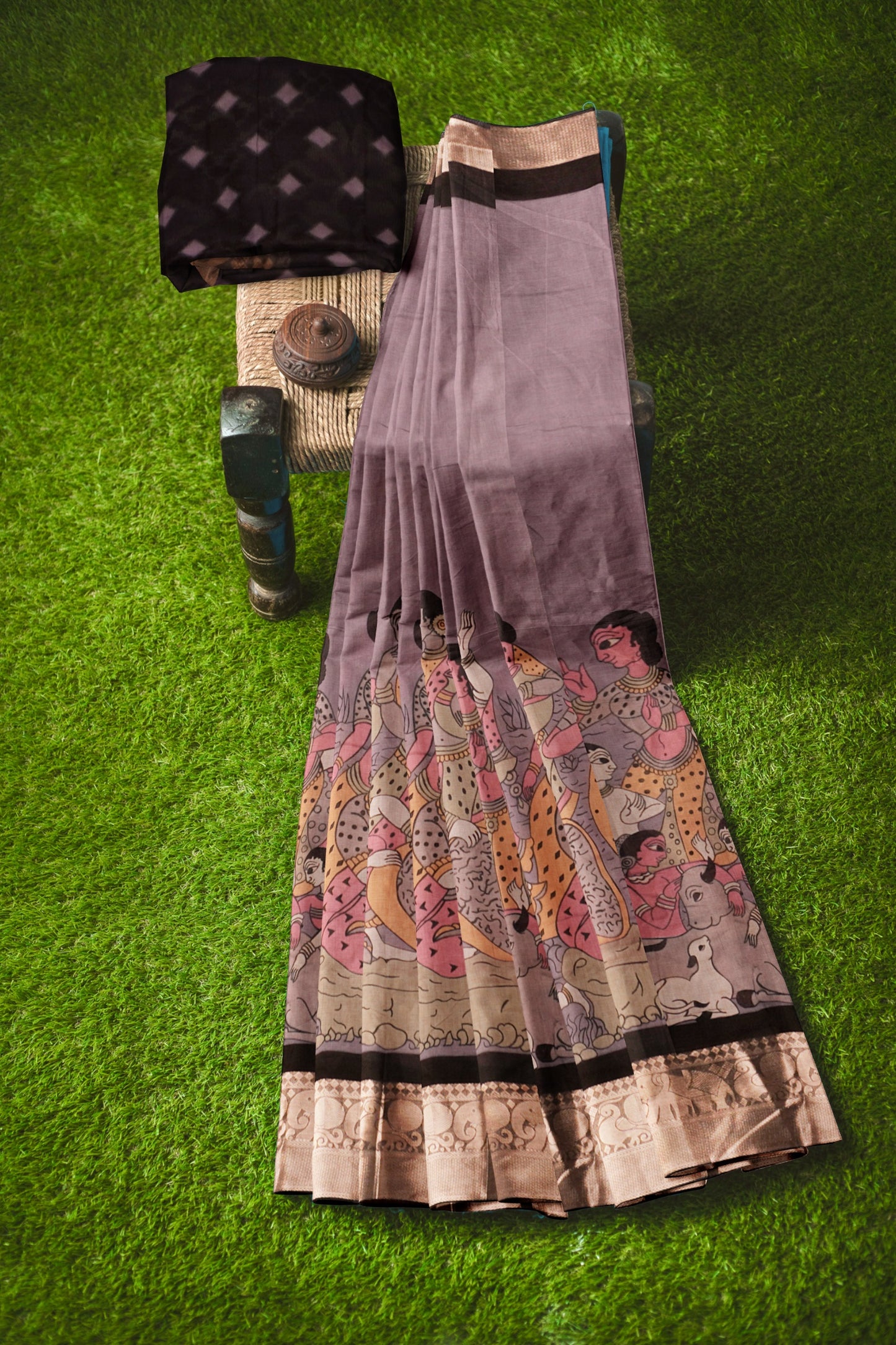 Light Violet Epic Tales Printed Cotton Zari Border Ikat Style Pallu Saree