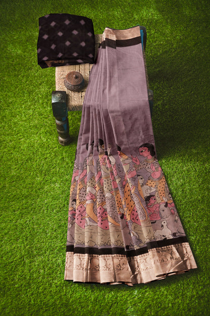Light Violet Epic Tales Printed Cotton Zari Border Ikat Style Pallu Saree