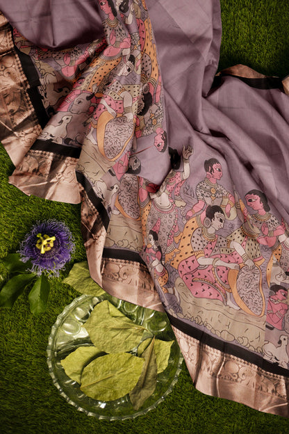 Light Violet Epic Tales Printed Cotton Zari Border Ikat Style Pallu Saree