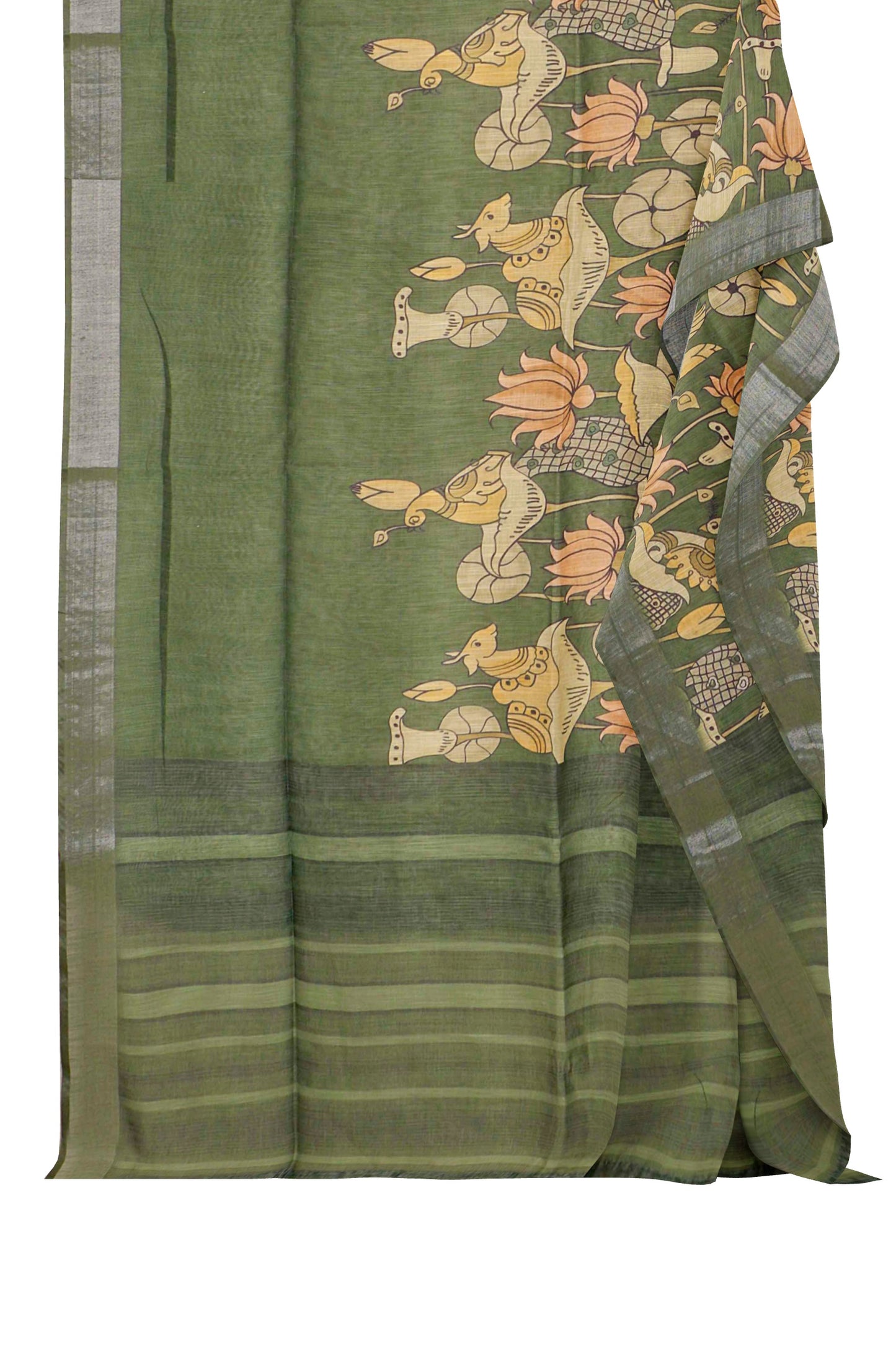 Green Cotton Fancy Lotus Print Silver Border Saree