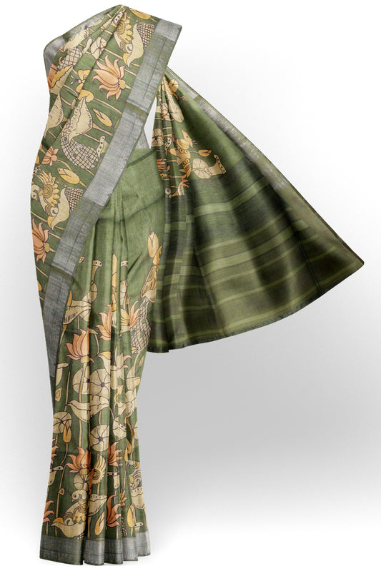 Green Cotton Fancy Lotus Print Silver Border Saree