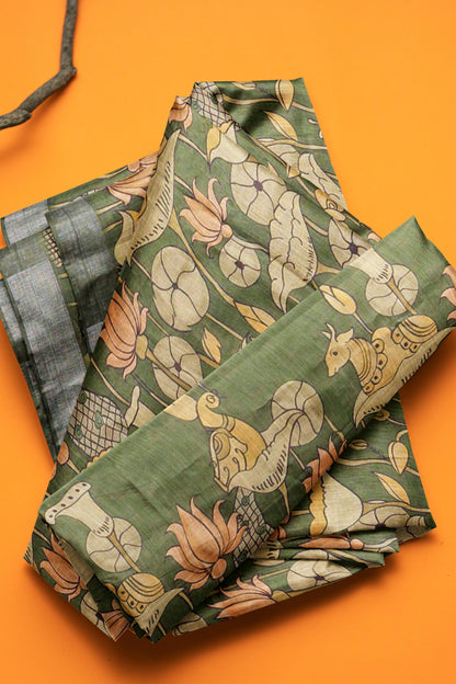 Green Cotton Fancy Lotus Print Silver Border Saree
