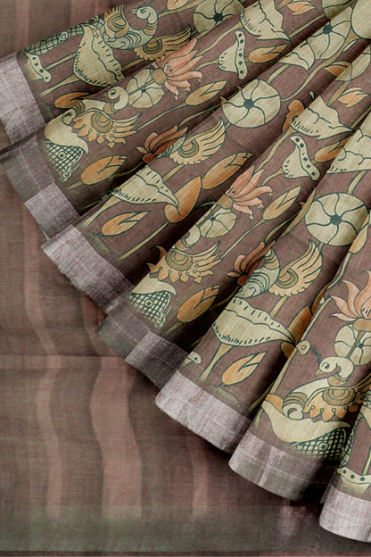 Brown  Cotton Royal Pichwai Cow Printed Silver Border Saree