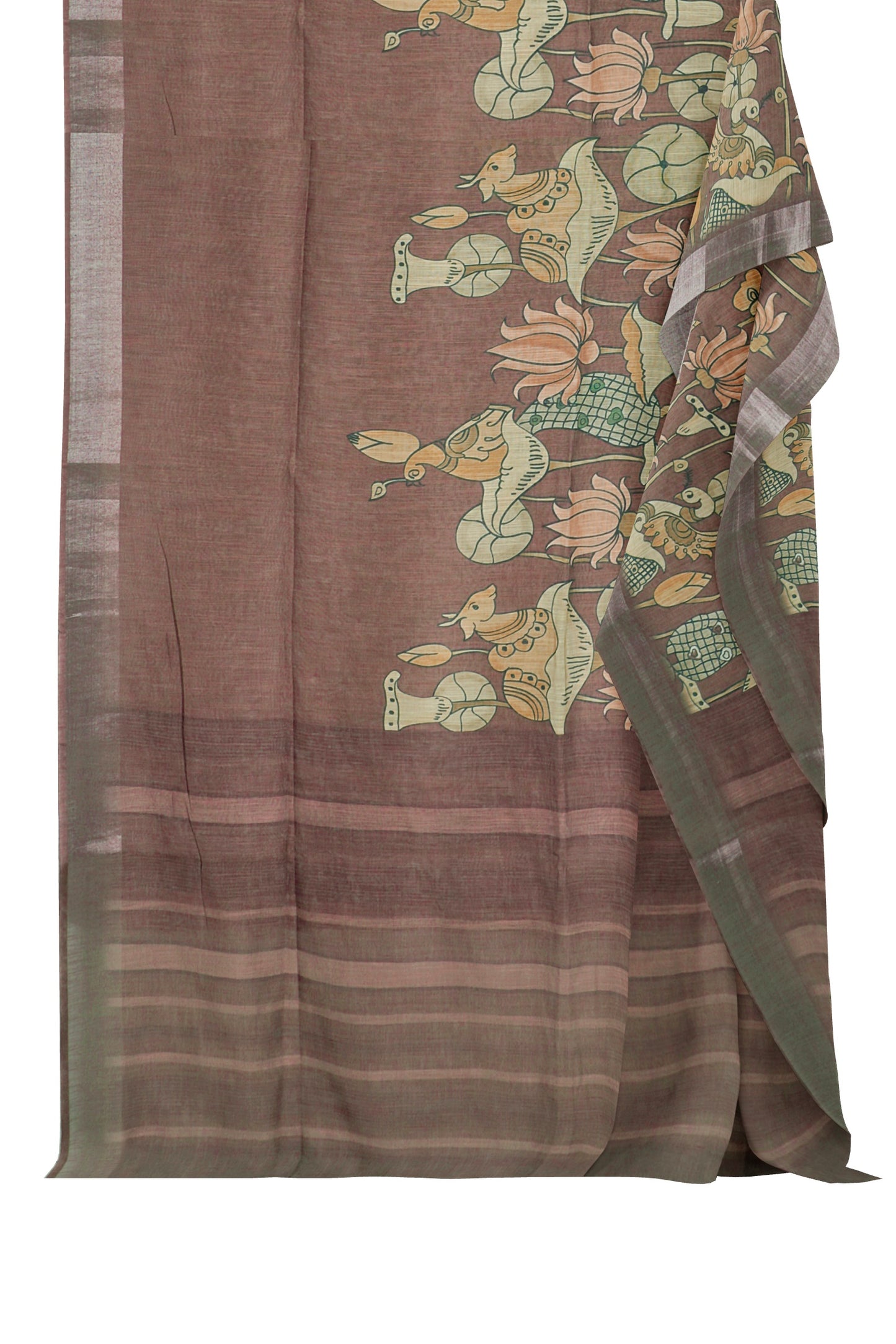 Brown  Cotton Royal Pichwai Cow Printed Silver Border Saree