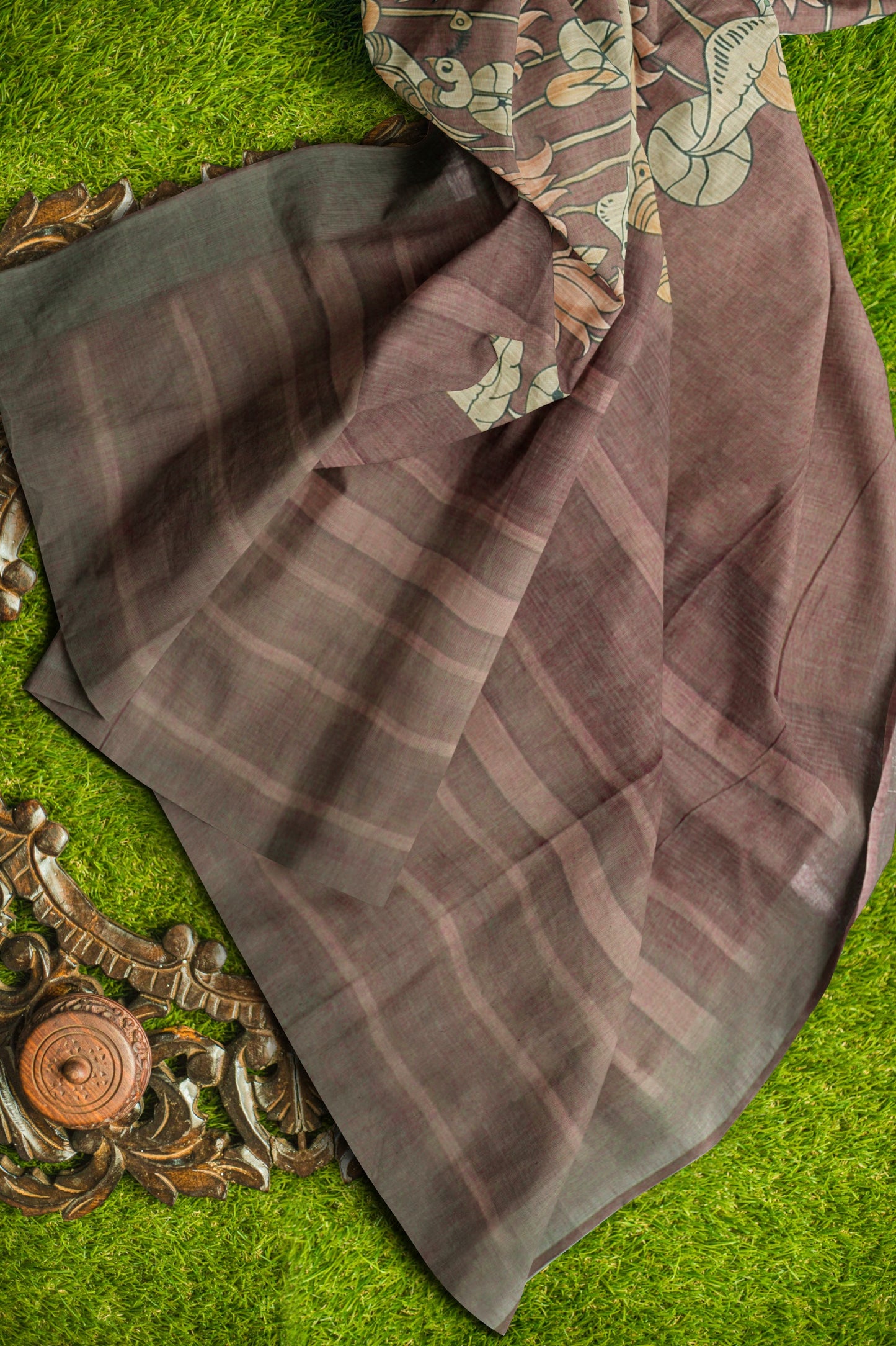 Brown  Cotton Royal Pichwai Cow Printed Silver Border Saree