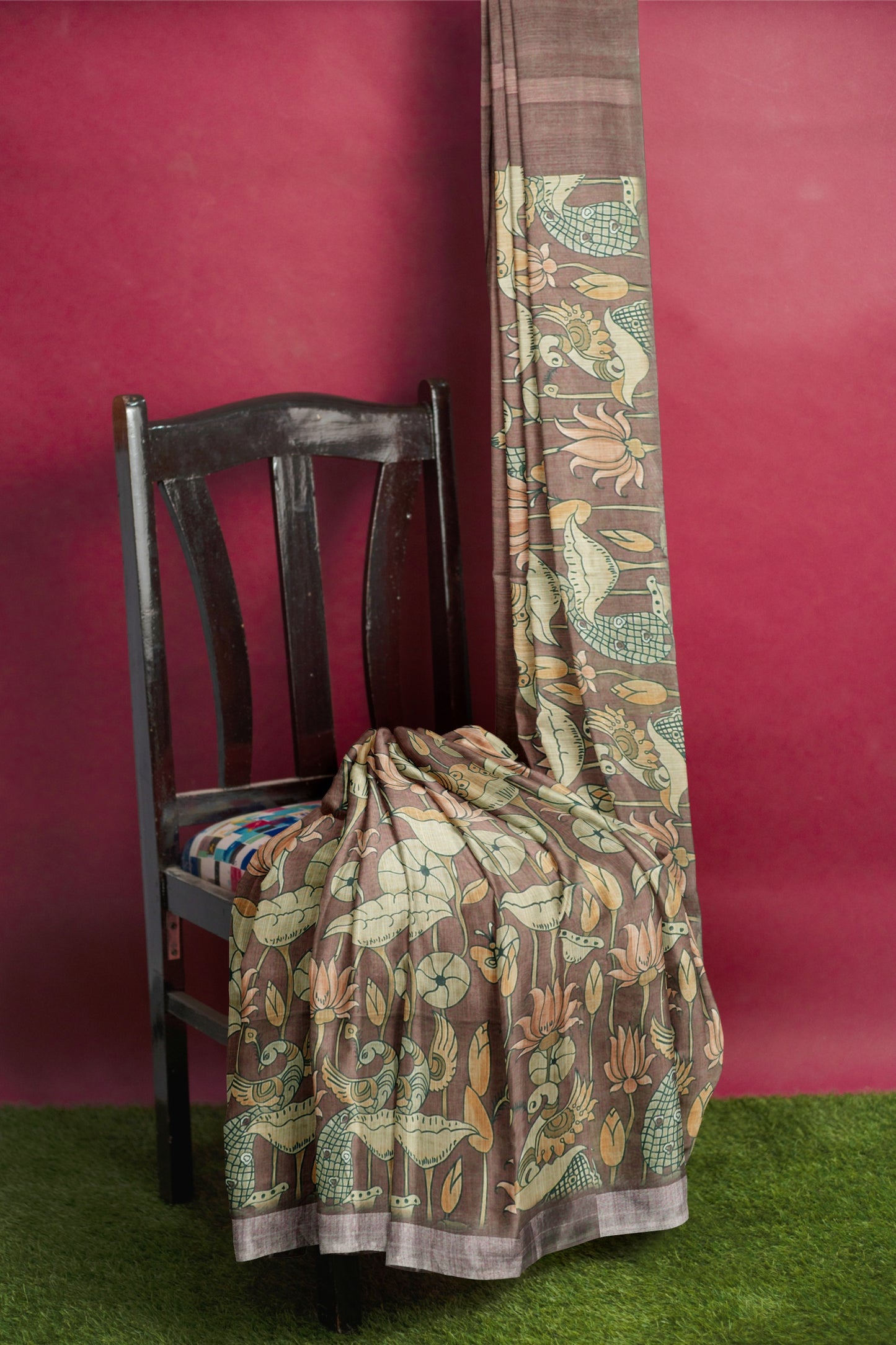 Brown  Cotton Royal Pichwai Cow Printed Silver Border Saree