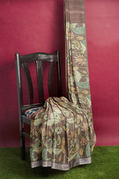 Brown  Cotton Royal Pichwai Cow Printed Silver Border Saree