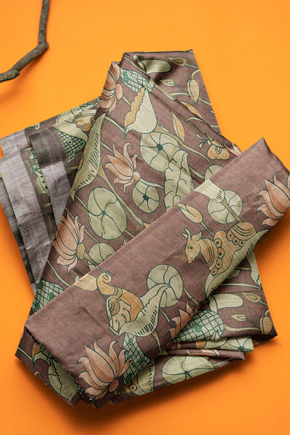 Brown  Cotton Royal Pichwai Cow Printed Silver Border Saree