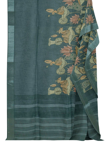 Grey Green Cotton Fancy Lotus Print Silver Border Saree