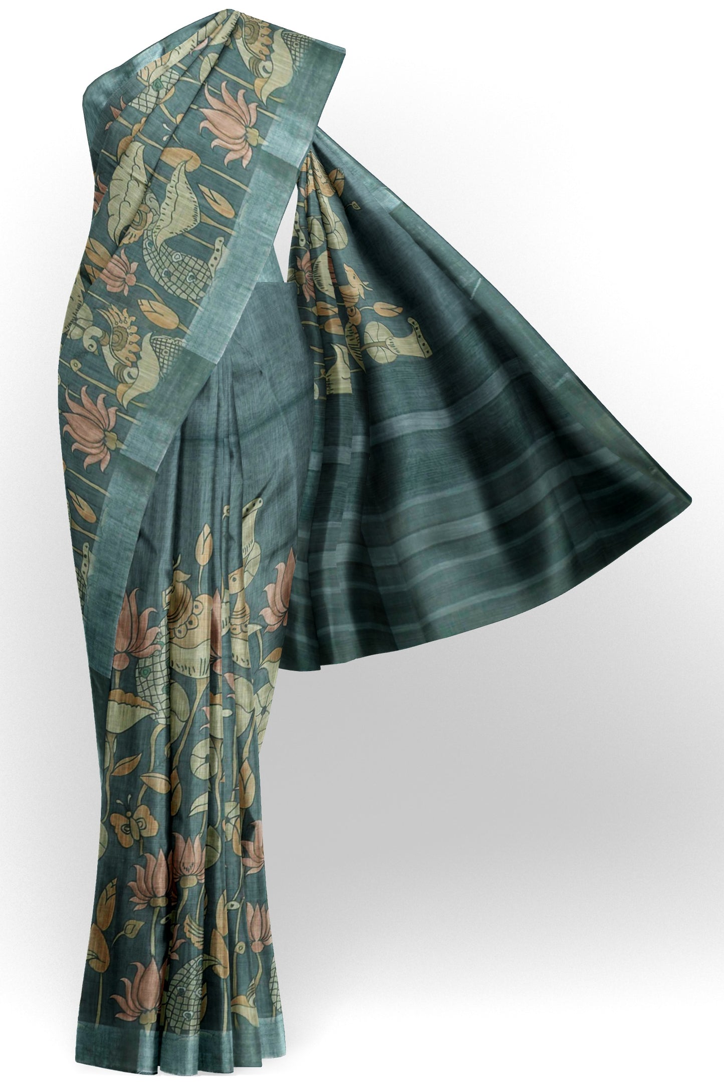 Grey Green Cotton Fancy Lotus Print Silver Border Saree