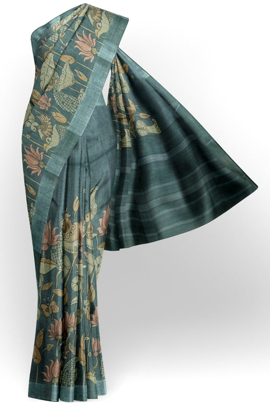 Grey Green Cotton Fancy Lotus Print Silver Border Saree