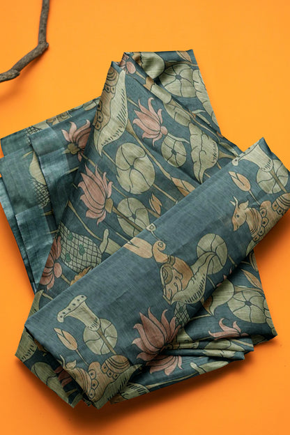 Grey Green Cotton Fancy Lotus Print Silver Border Saree