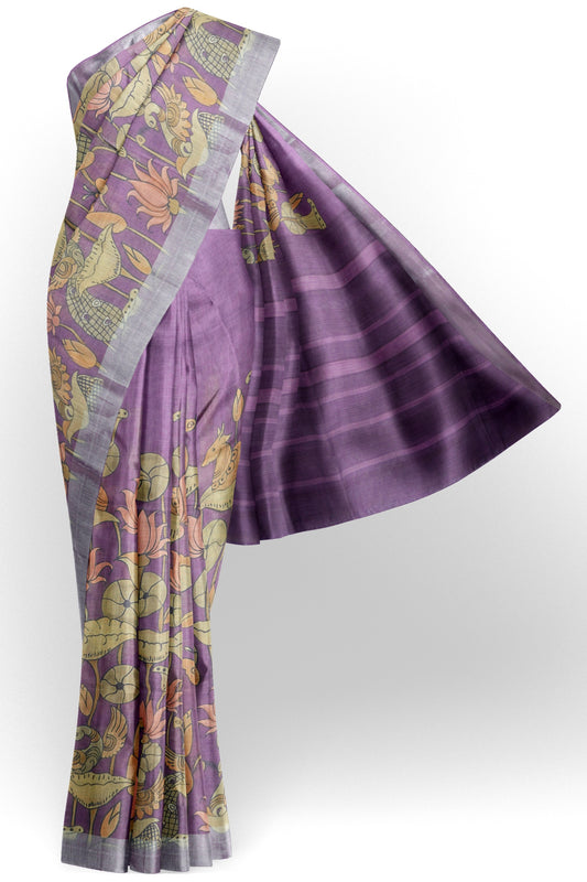 Violet Cotton Fancy Lotus Print Silver Zari Border Saree
