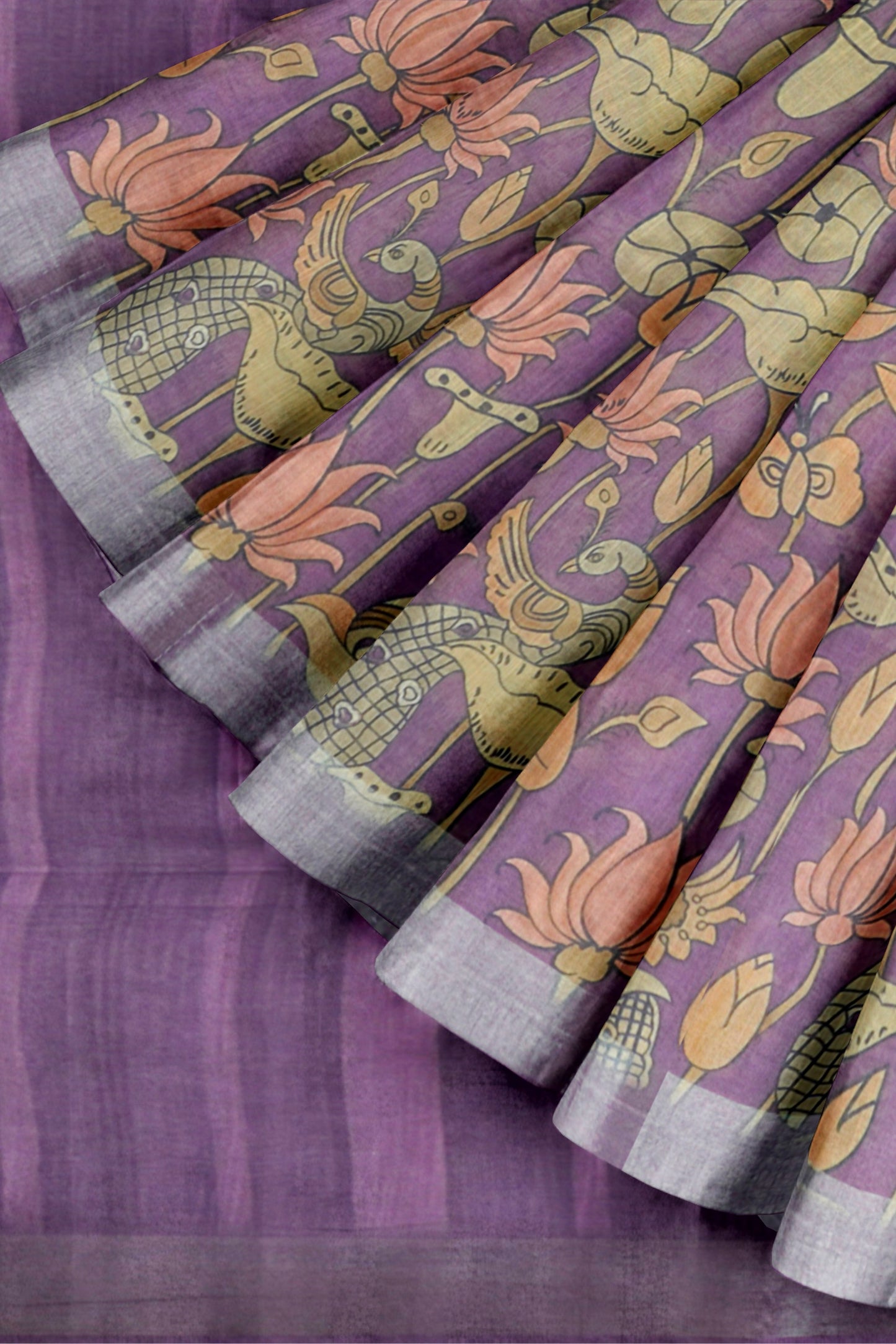 Violet Cotton Fancy Lotus Print Silver Zari Border Saree