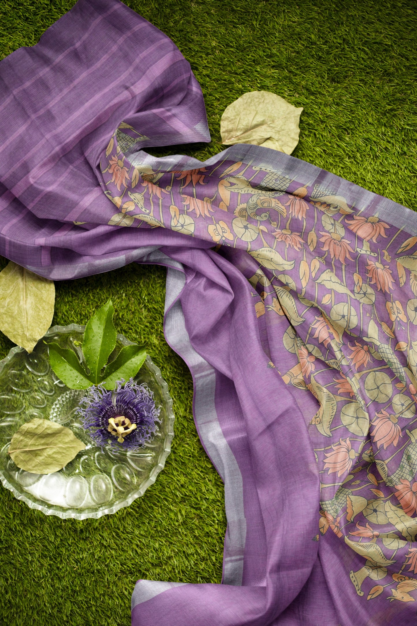 Violet Cotton Fancy Lotus Print Silver Zari Border Saree