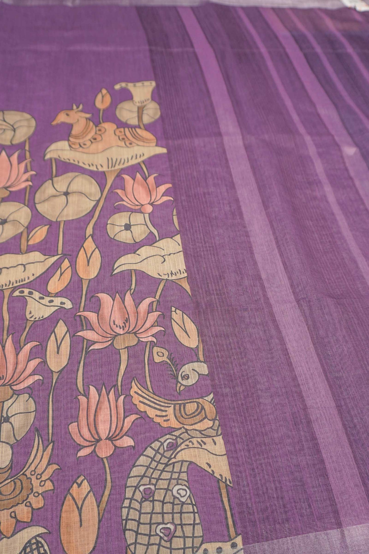 Violet Cotton Fancy Lotus Print Silver Zari Border Saree