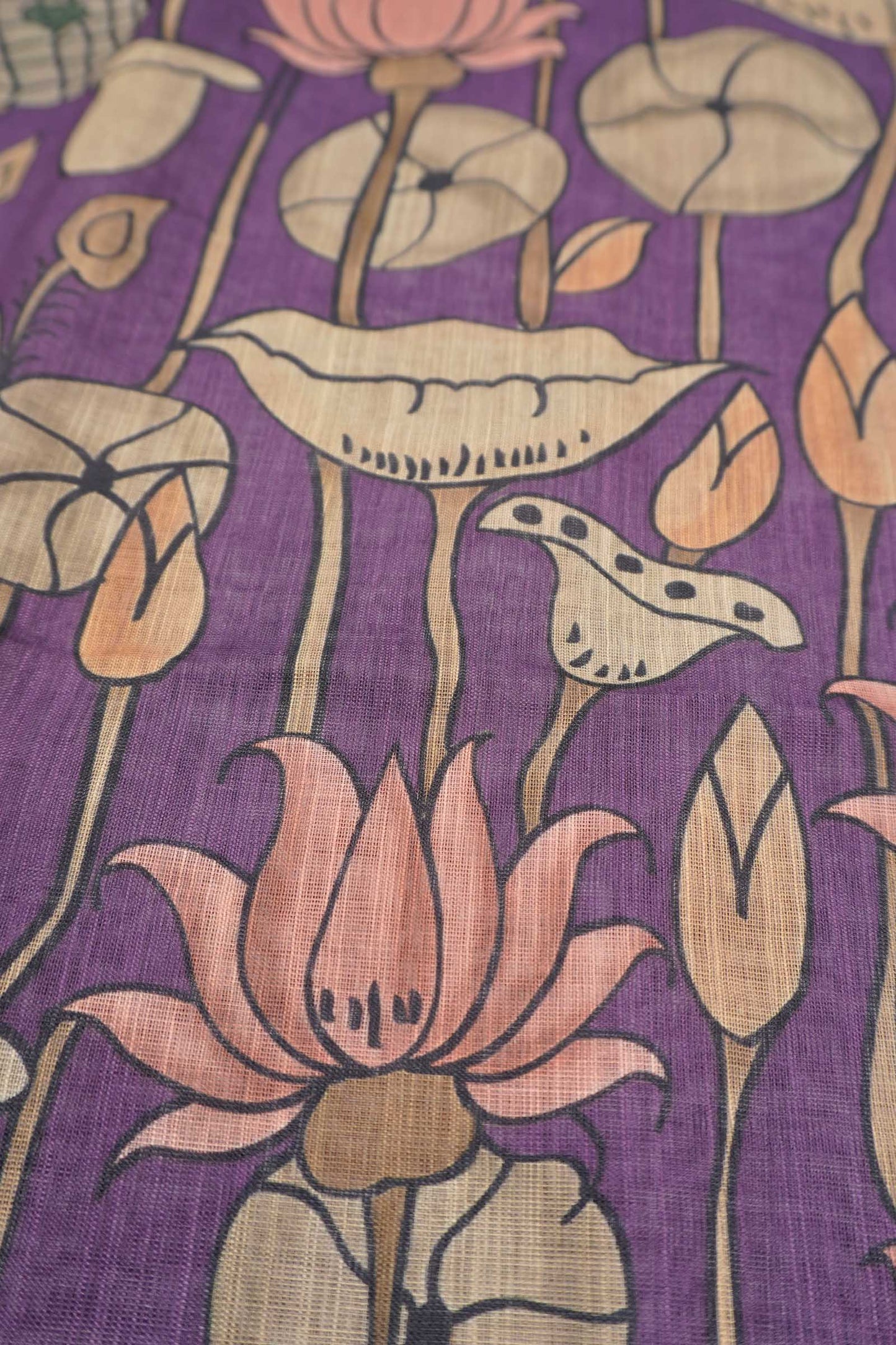 Violet Cotton Fancy Lotus Print Silver Zari Border Saree