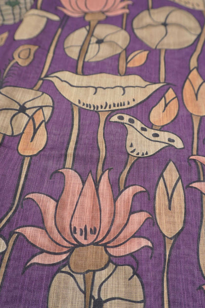 Violet Cotton Fancy Lotus Print Silver Zari Border Saree