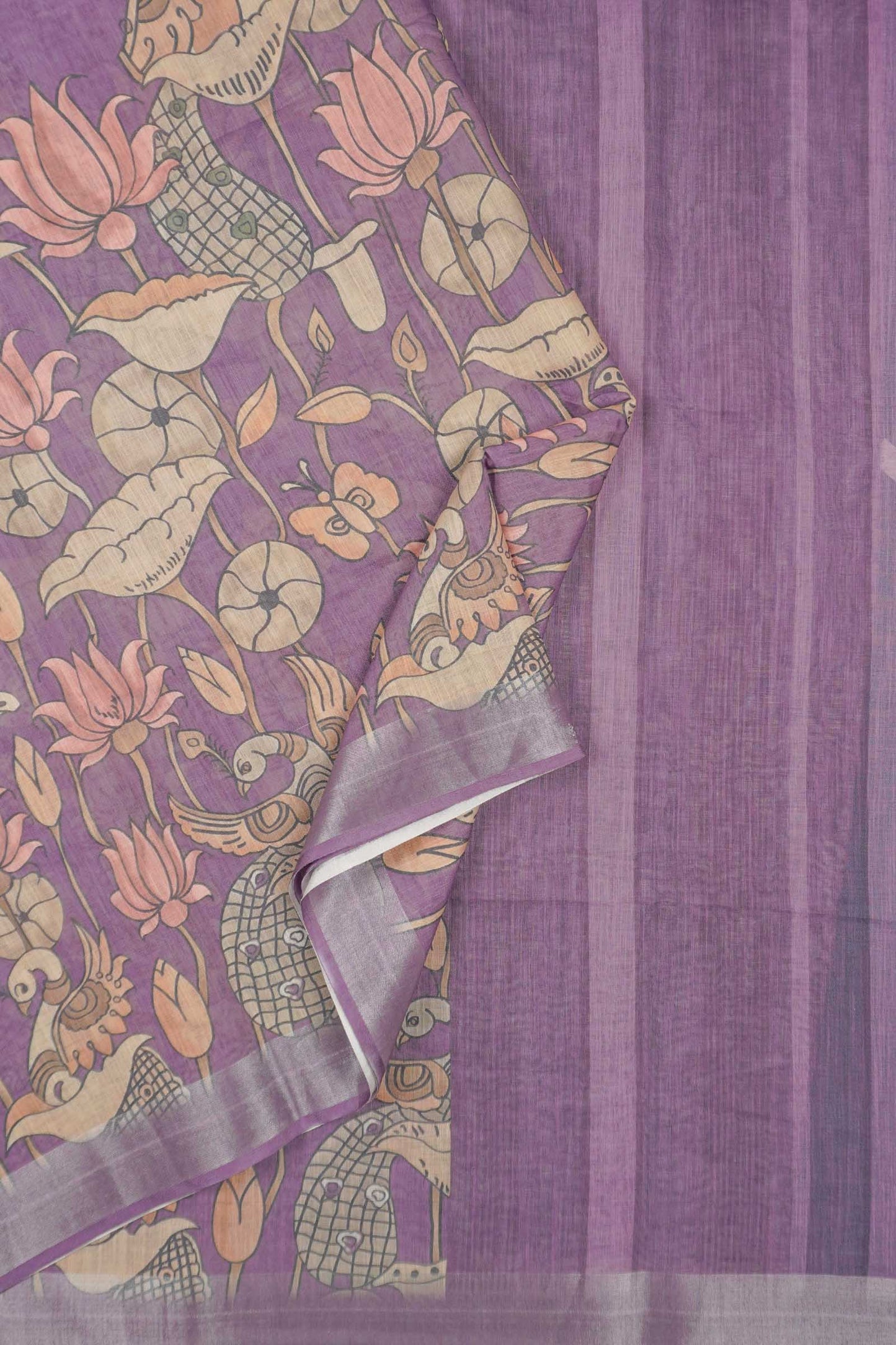 Violet Cotton Fancy Lotus Print Silver Zari Border Saree