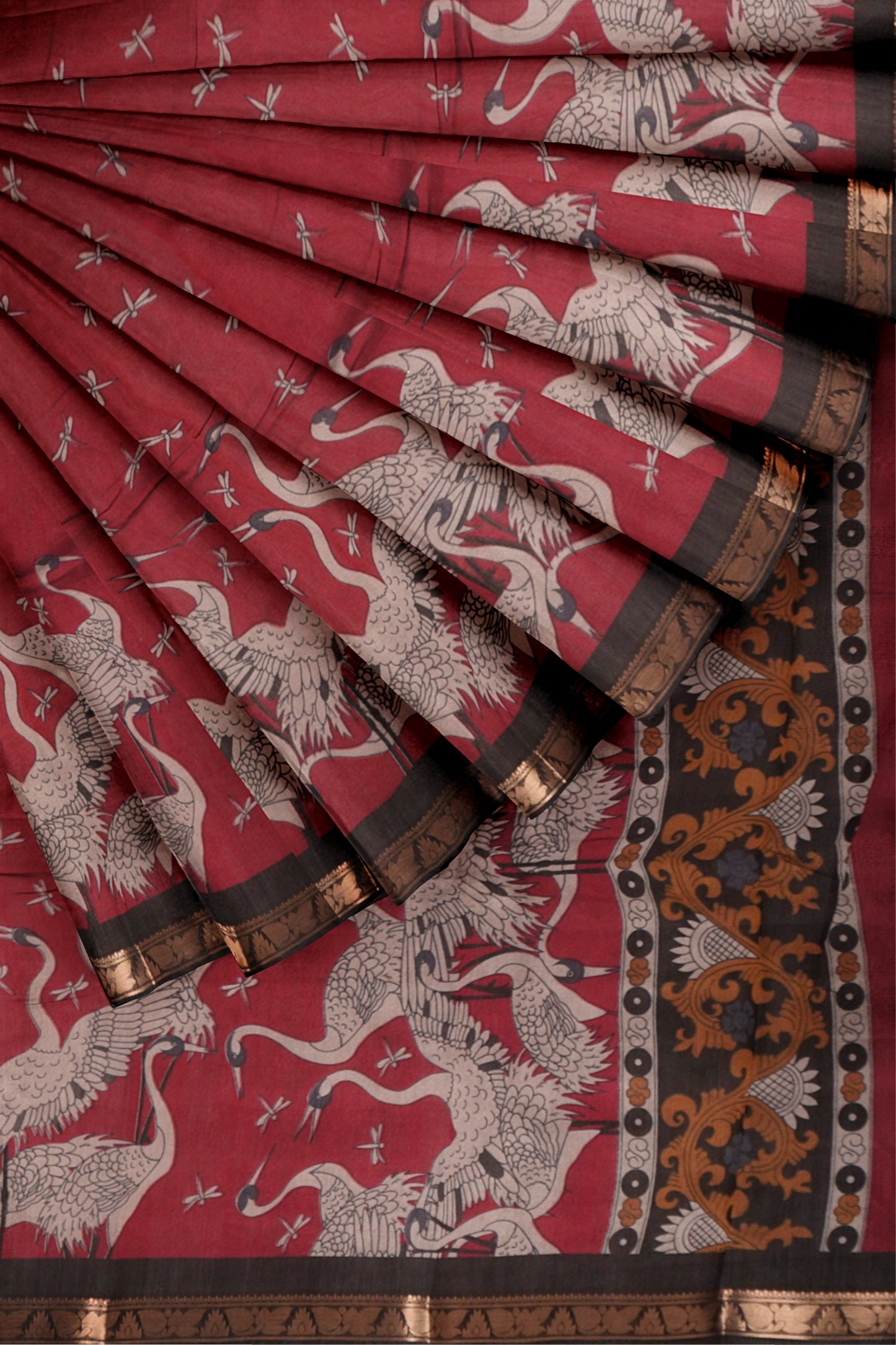 Red Flamingo Printed Cotton Zari Border Saree