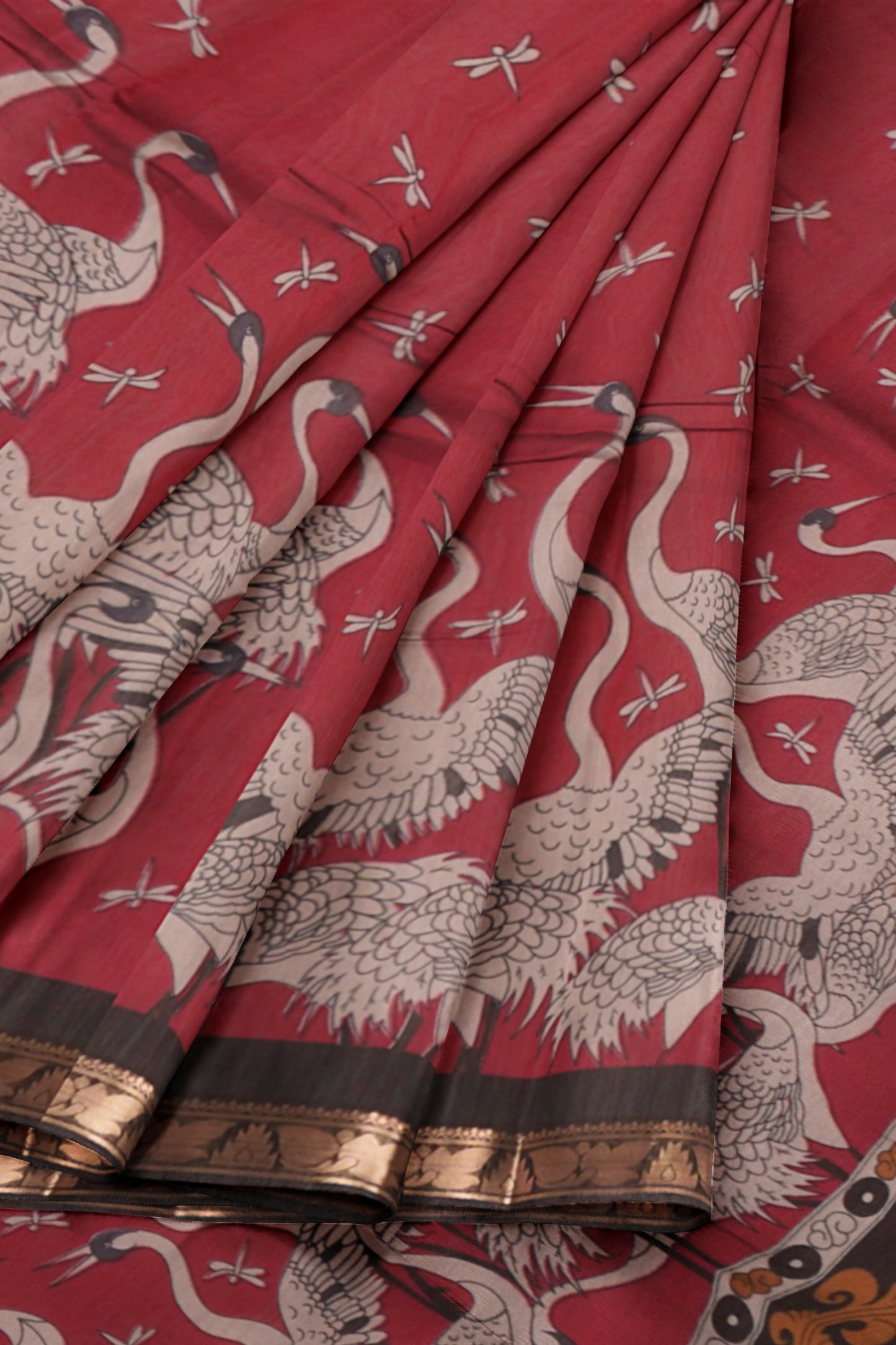 Red Flamingo Printed Cotton Zari Border Saree