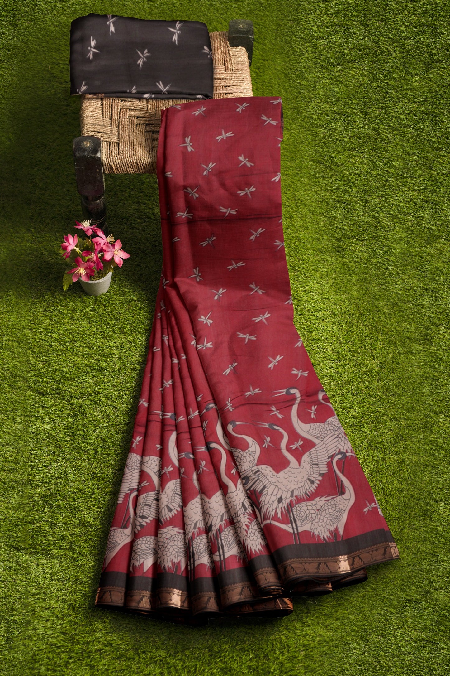 Red Flamingo Printed Cotton Zari Border Saree