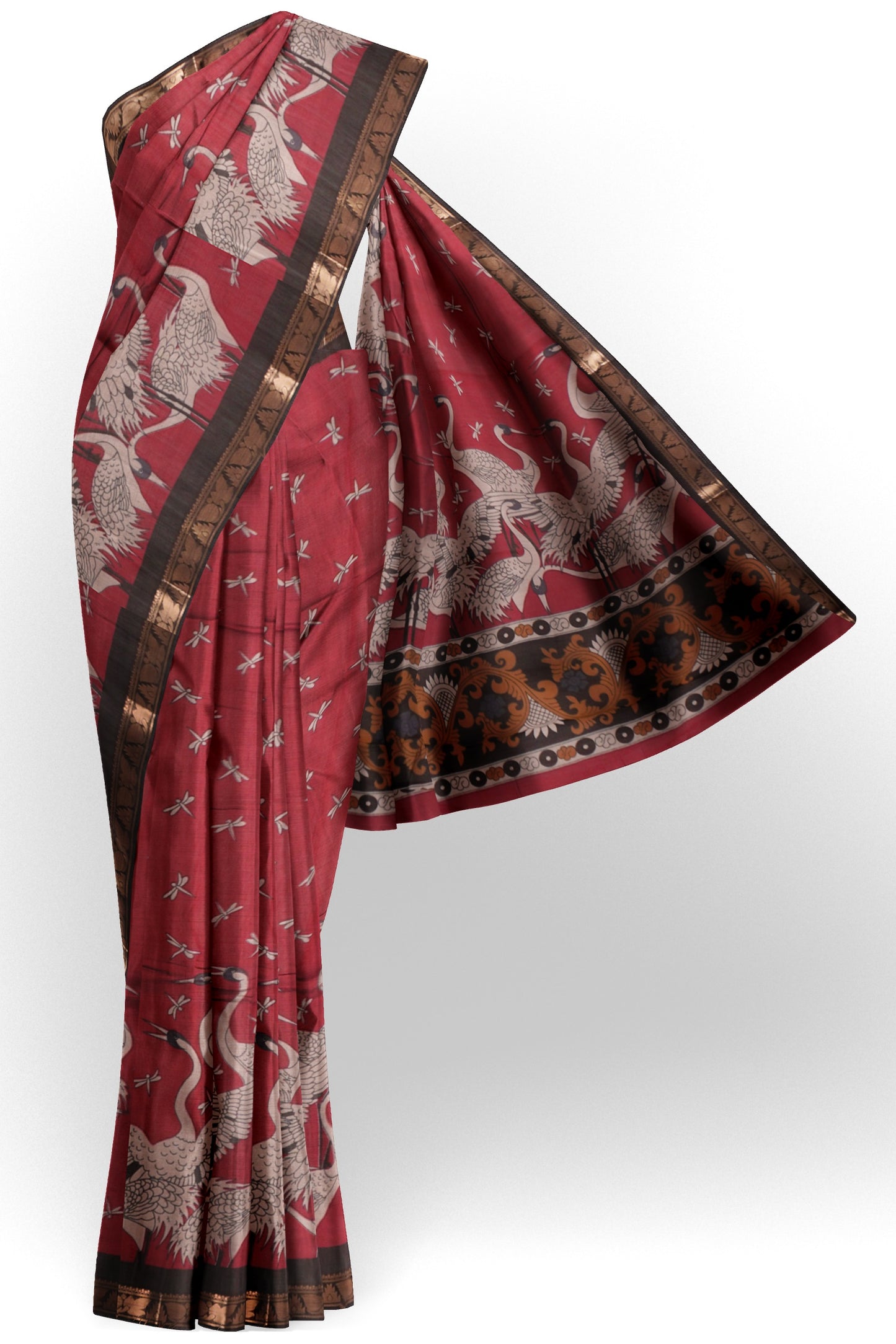 Red Flamingo Printed Cotton Zari Border Saree