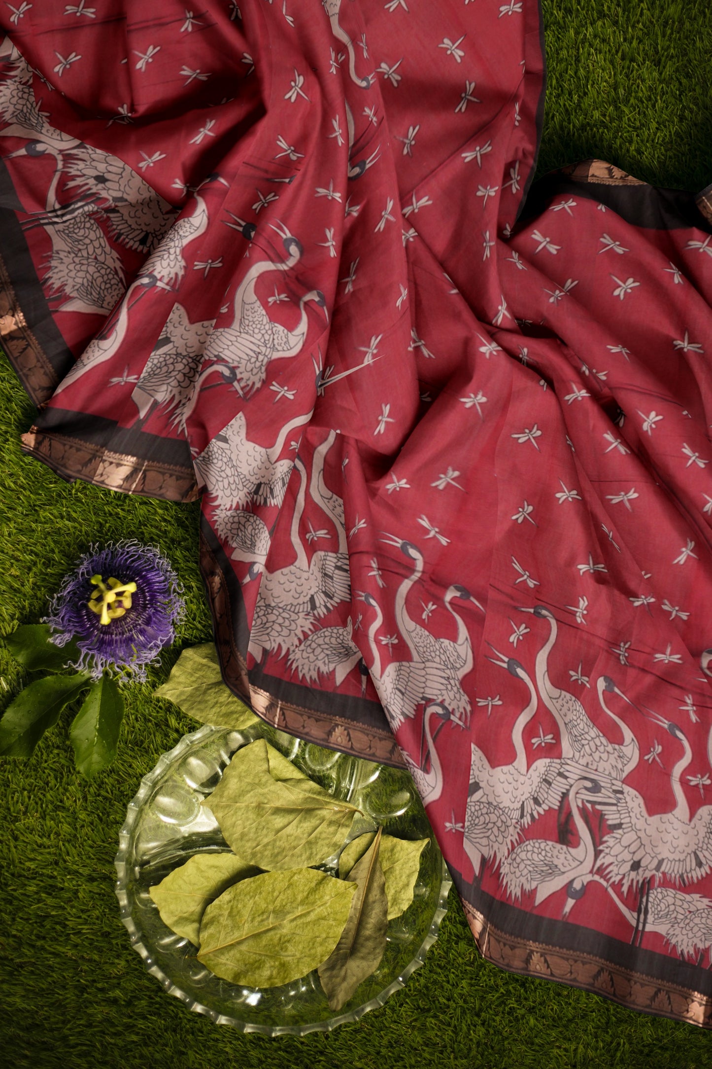 Red Flamingo Printed Cotton Zari Border Saree