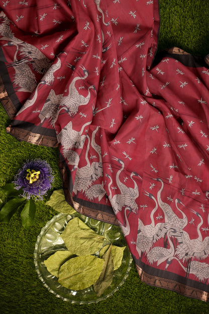 Red Flamingo Printed Cotton Zari Border Saree