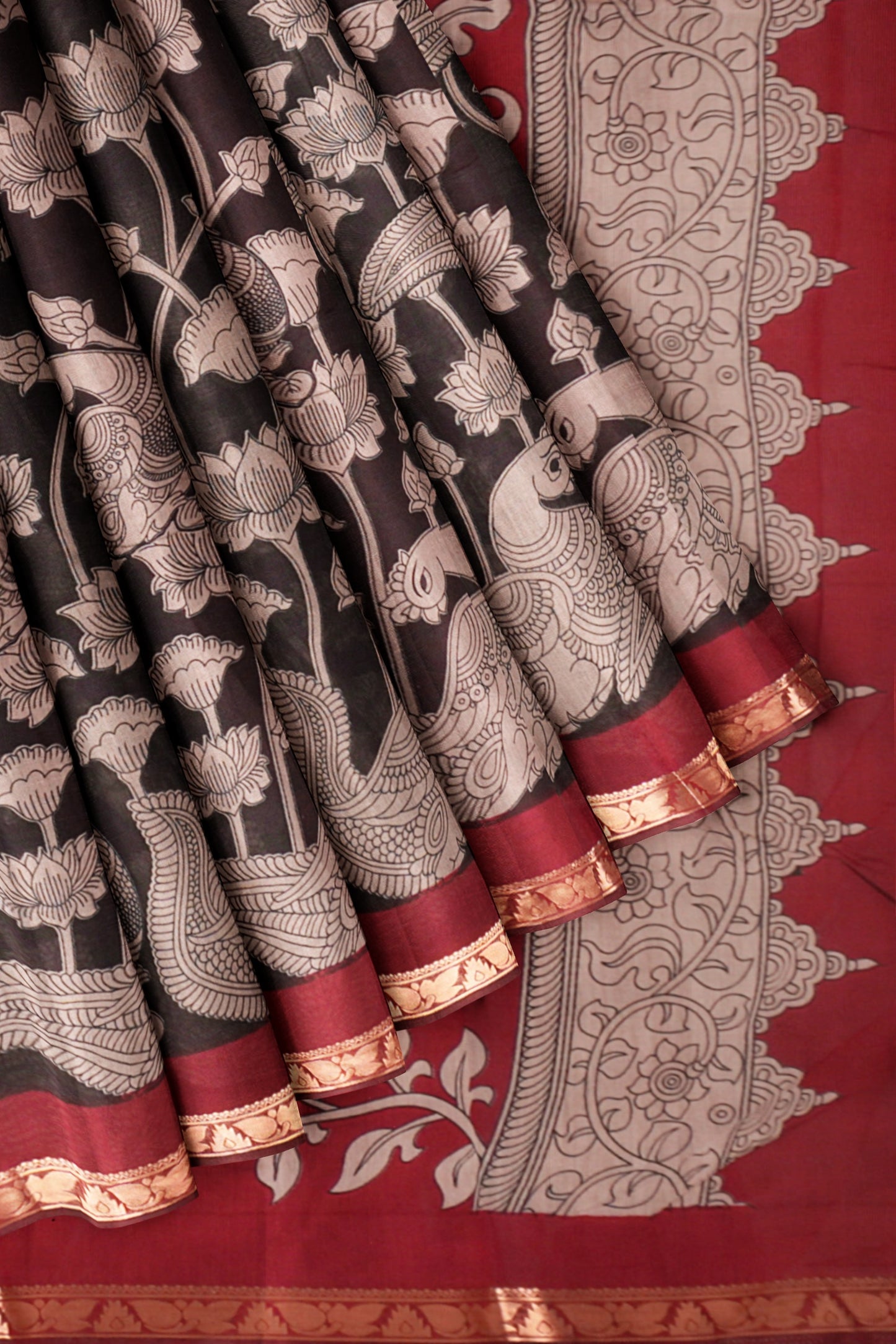 Black Floral Lotus Printed Cotton Zari Border Saree