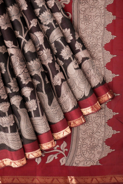 Black Floral Lotus Printed Cotton Zari Border Saree