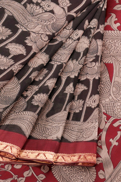 Black Floral Lotus Printed Cotton Zari Border Saree