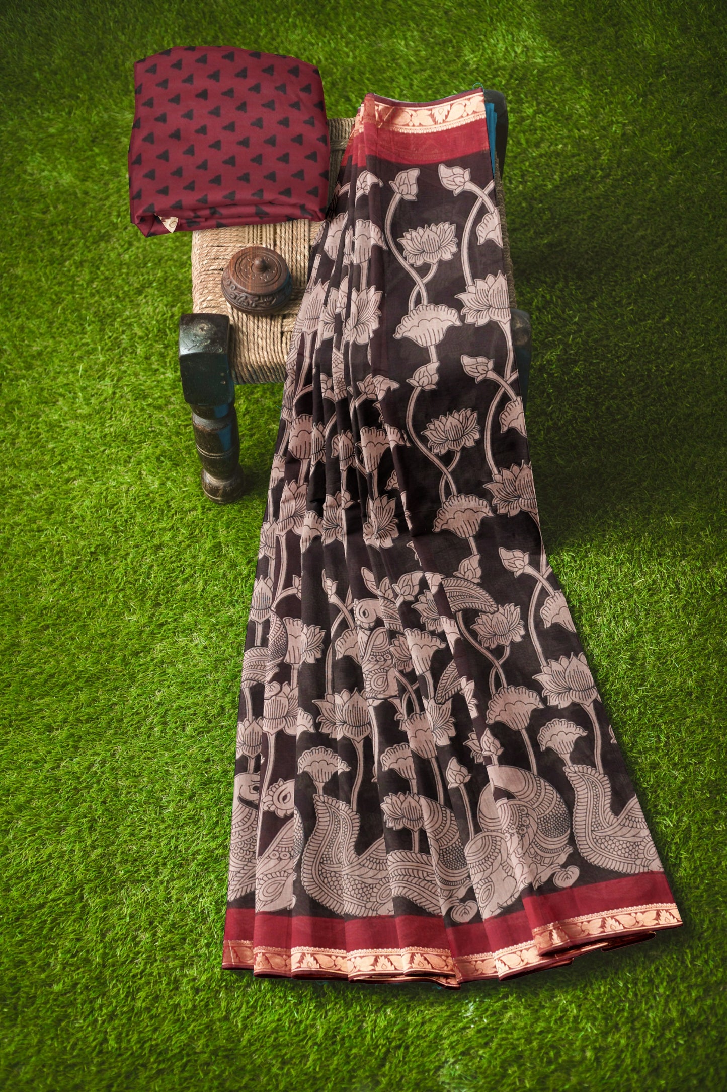 Black Floral Lotus Printed Cotton Zari Border Saree