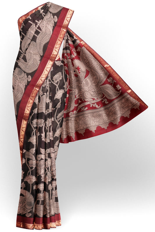 Black Floral Lotus Printed Cotton Zari Border Saree