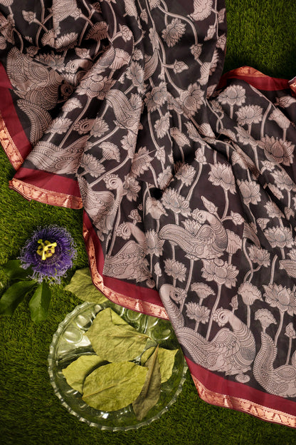 Black Floral Lotus Printed Cotton Zari Border Saree