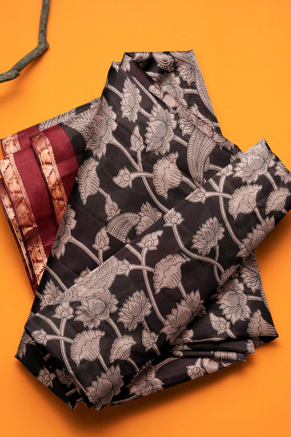 Black Floral Lotus Printed Cotton Zari Border Saree