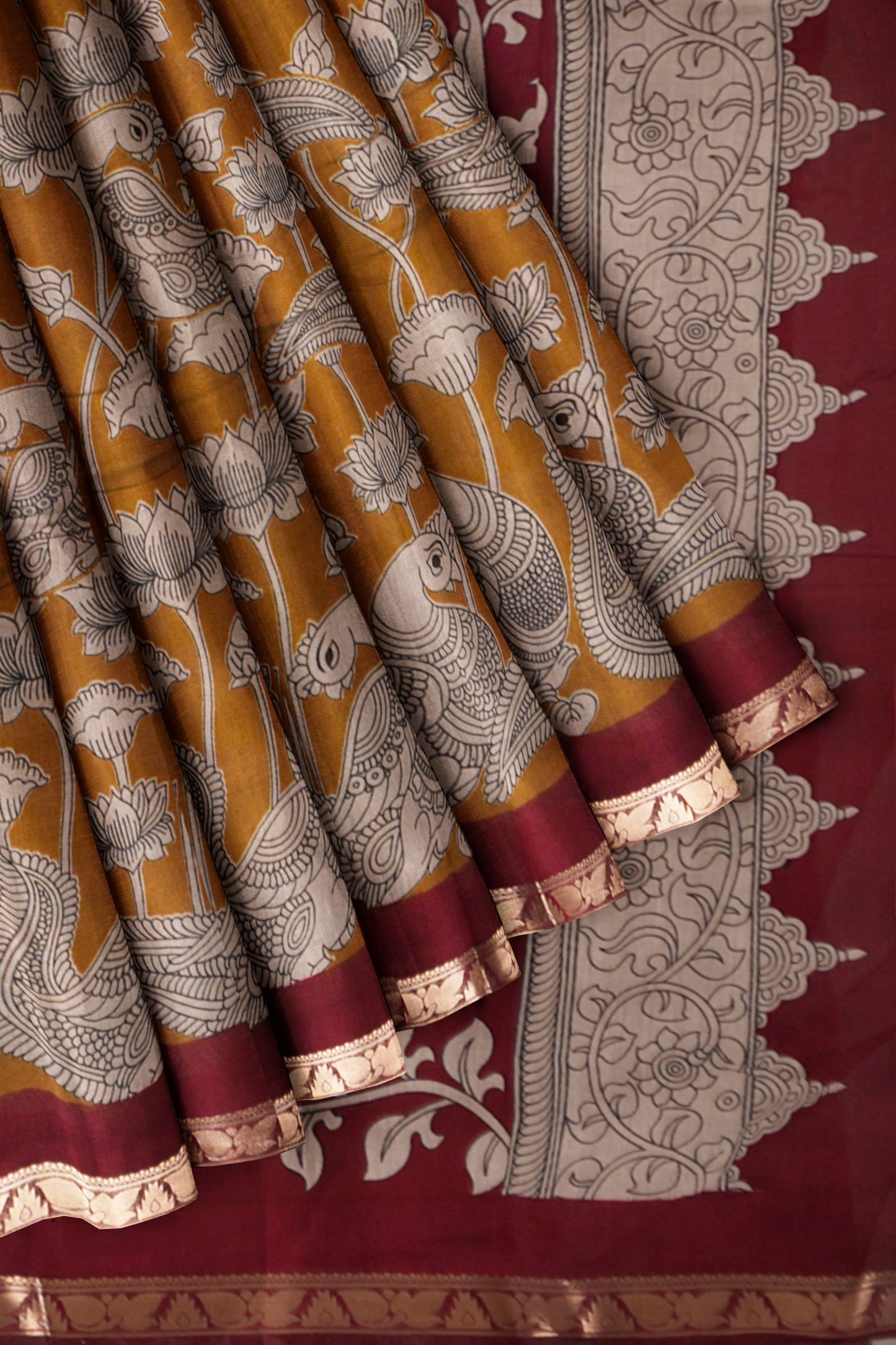 Mustard Yellow Floral Lotus Printed Cotton Zari Border Saree