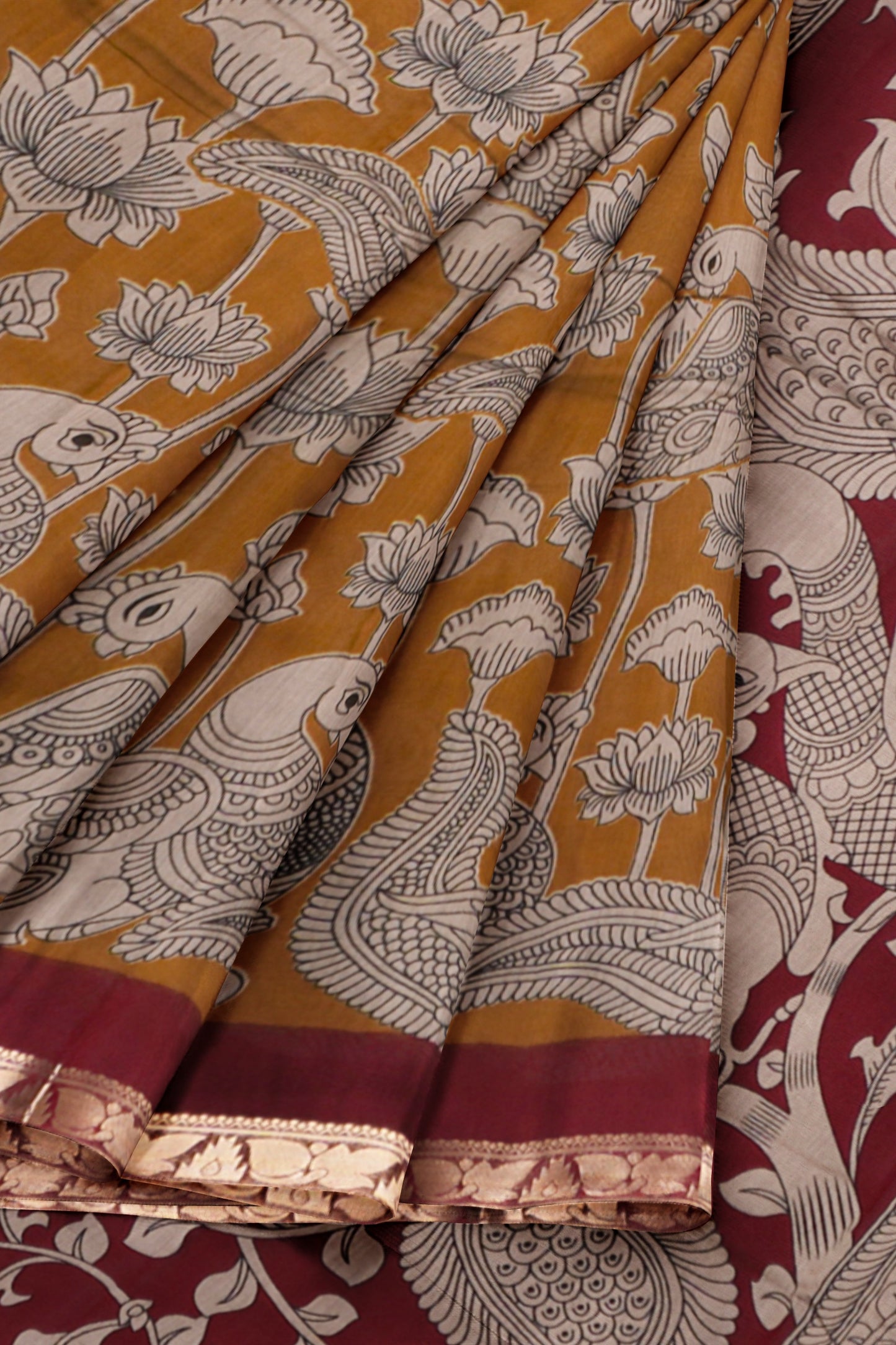 Mustard Yellow Floral Lotus Printed Cotton Zari Border Saree