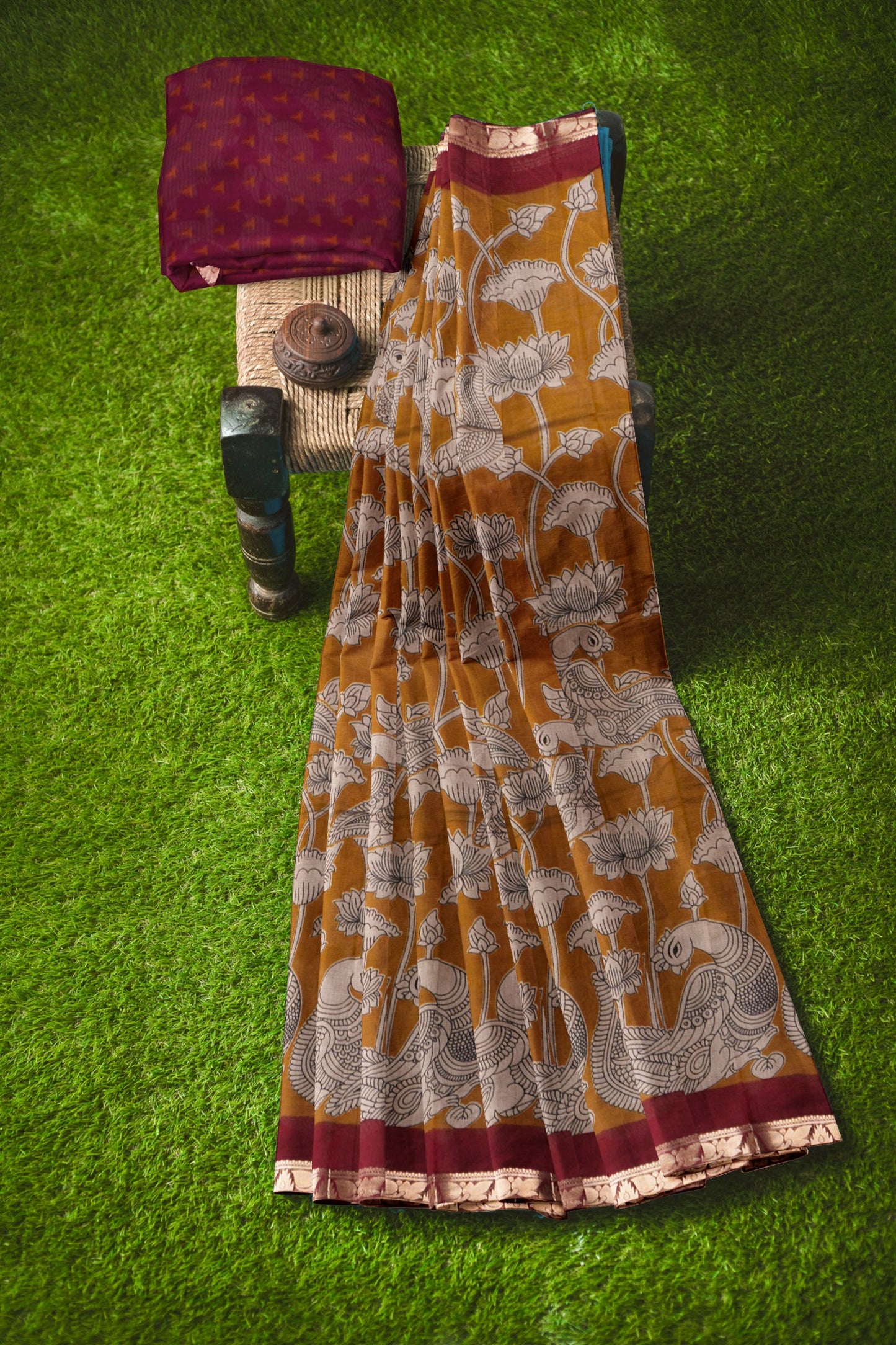 Mustard Yellow Floral Lotus Printed Cotton Zari Border Saree