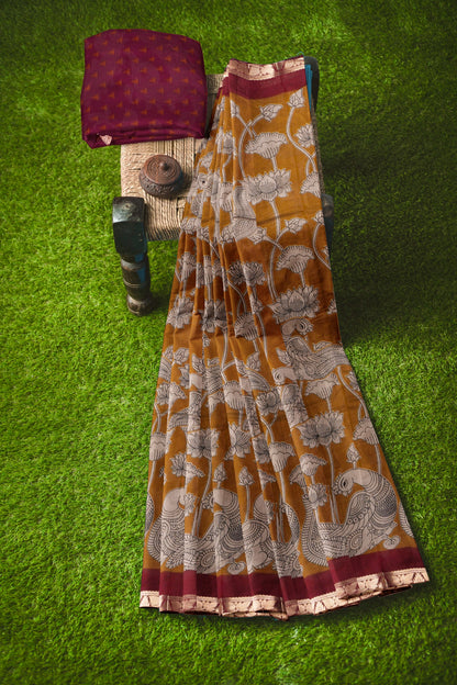 Mustard Yellow Floral Lotus Printed Cotton Zari Border Saree