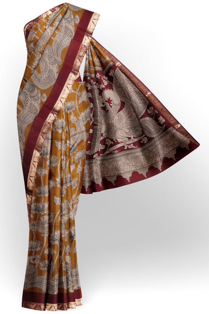 Mustard Yellow Floral Lotus Printed Cotton Zari Border Saree