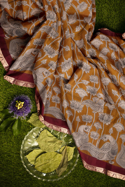 Mustard Yellow Floral Lotus Printed Cotton Zari Border Saree