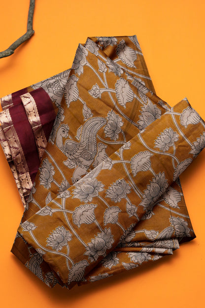 Mustard Yellow Floral Lotus Printed Cotton Zari Border Saree