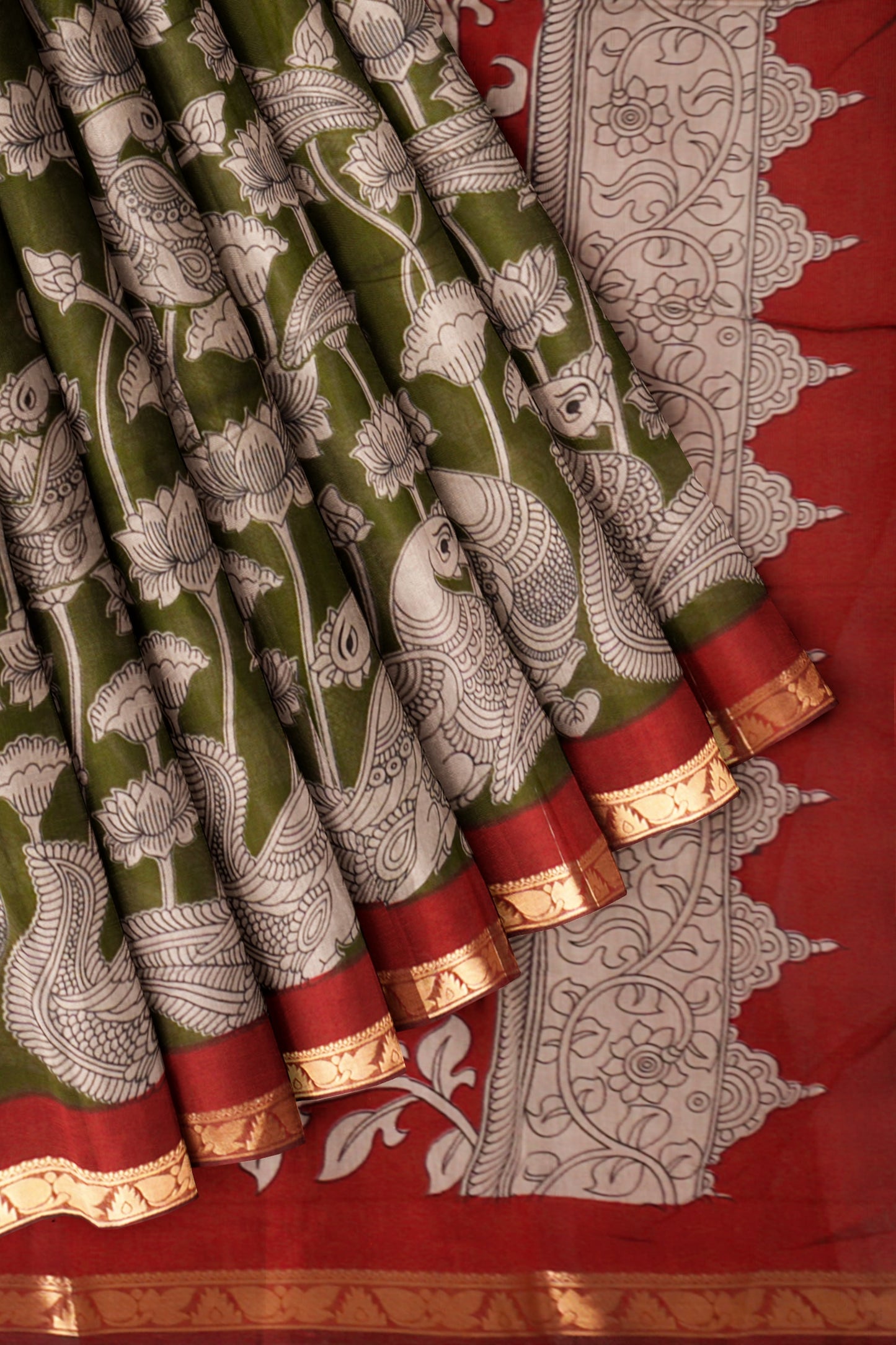 Olive Green Lotus Printed Cotton Zari Border Saree
