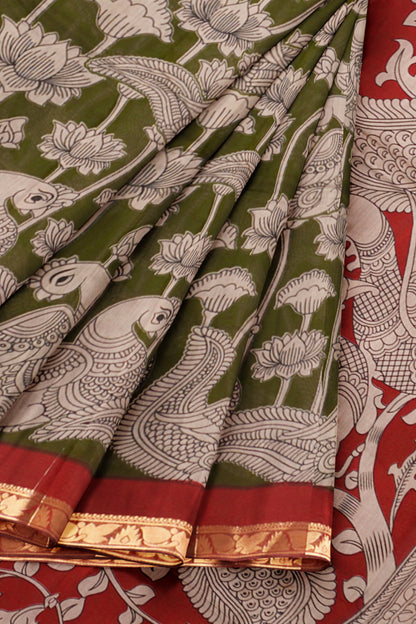 Olive Green Lotus Printed Cotton Zari Border Saree