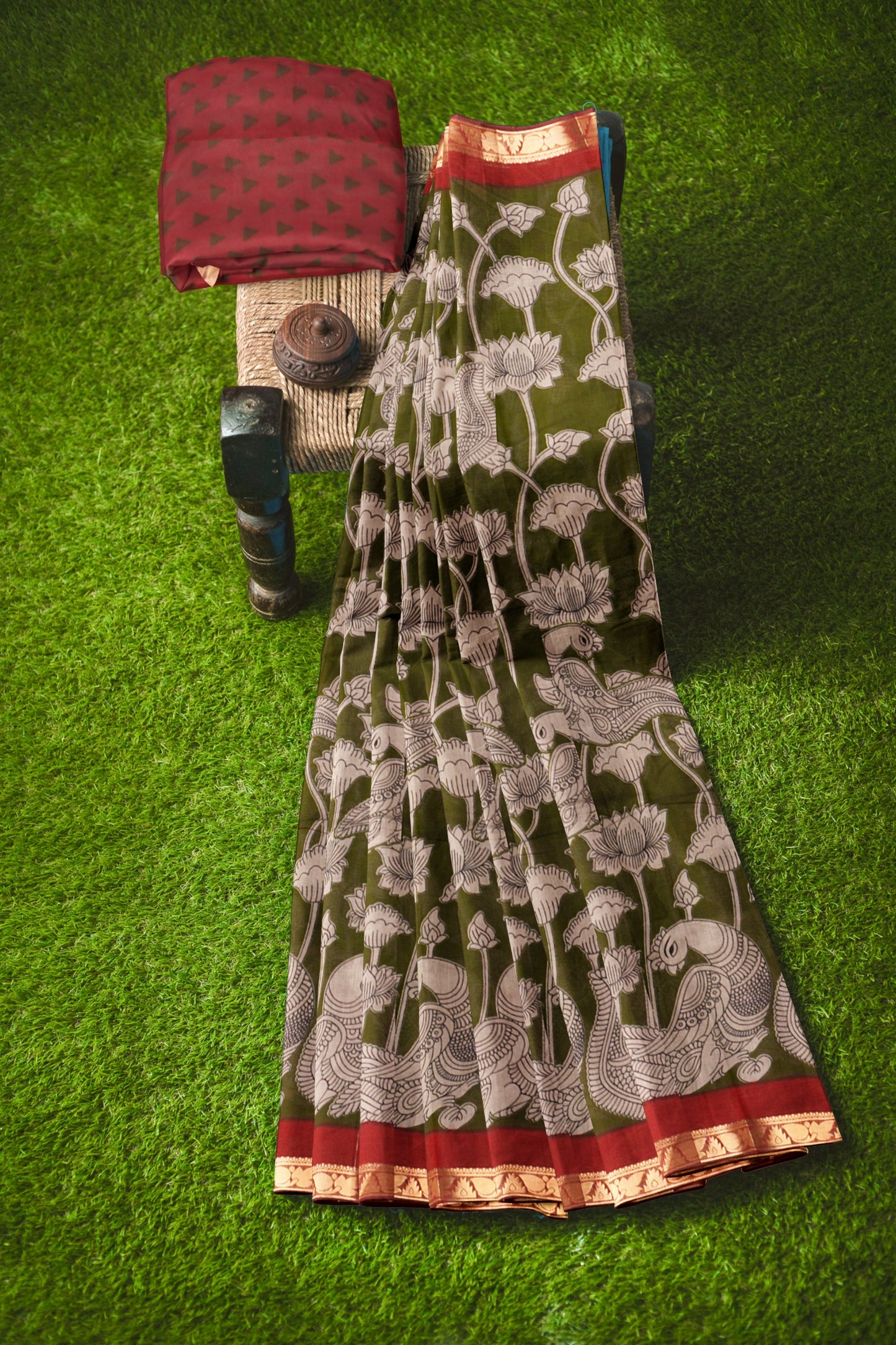 Olive Green Lotus Printed Cotton Zari Border Saree