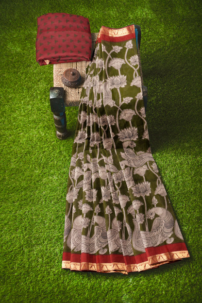 Olive Green Lotus Printed Cotton Zari Border Saree