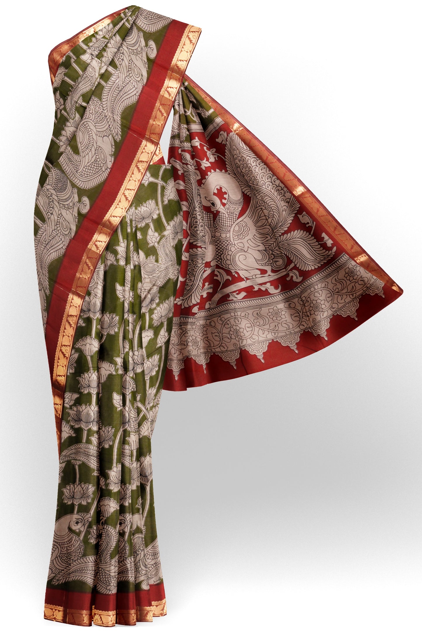 Olive Green Lotus Printed Cotton Zari Border Saree