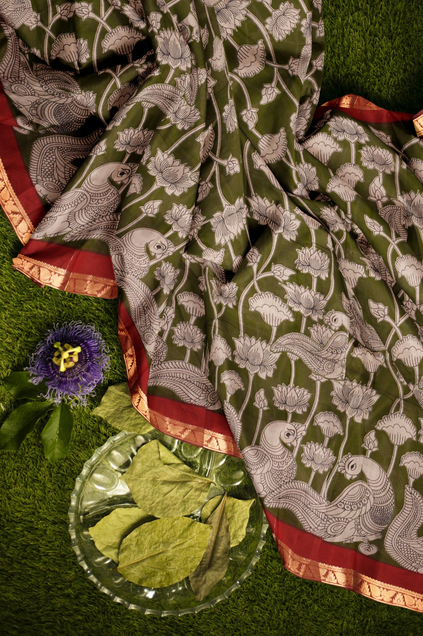 Olive Green Lotus Printed Cotton Zari Border Saree