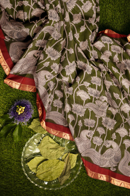 Olive Green Lotus Printed Cotton Zari Border Saree